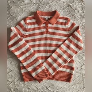 American Eagle Orange and Cream Striped Collared Sweater